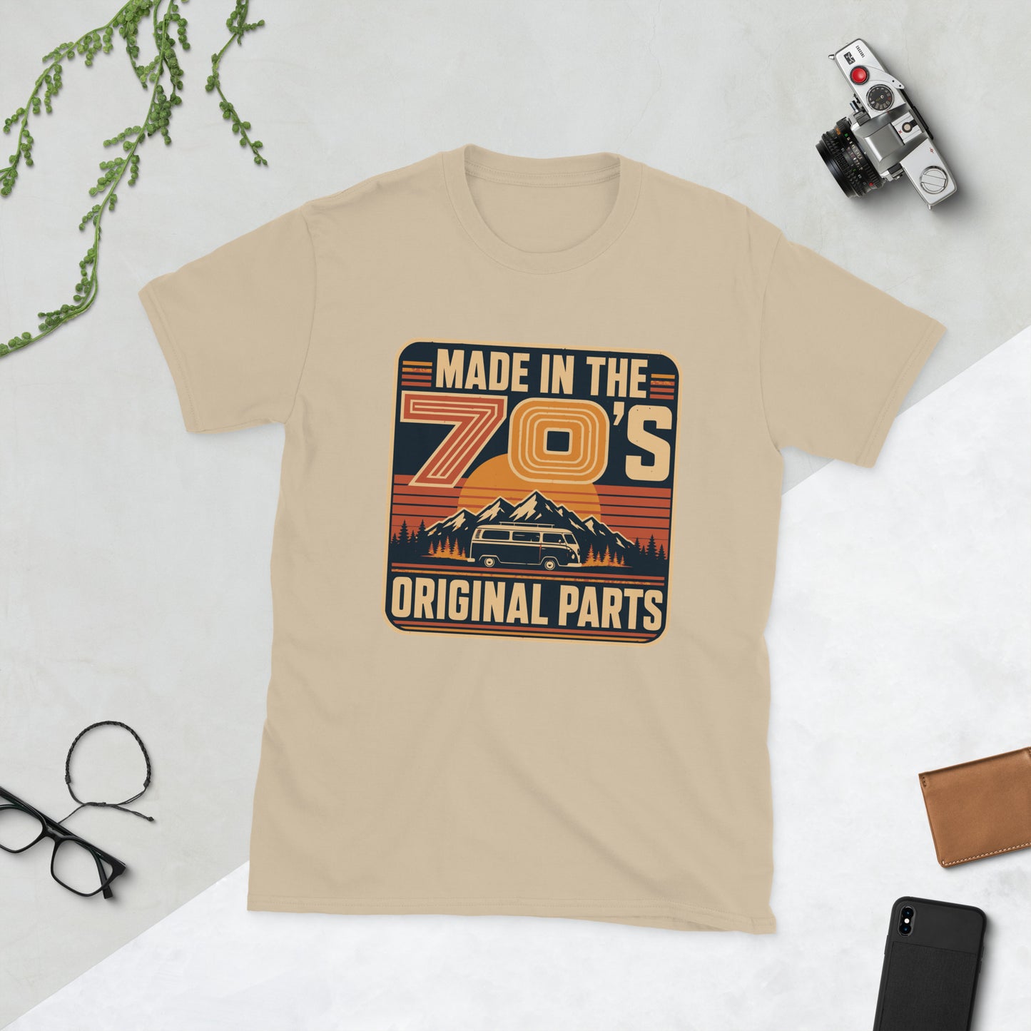 Made in the 70s Campervan T-Shirt AI art design on Sand Gildan 64000 t-shirt - Front view