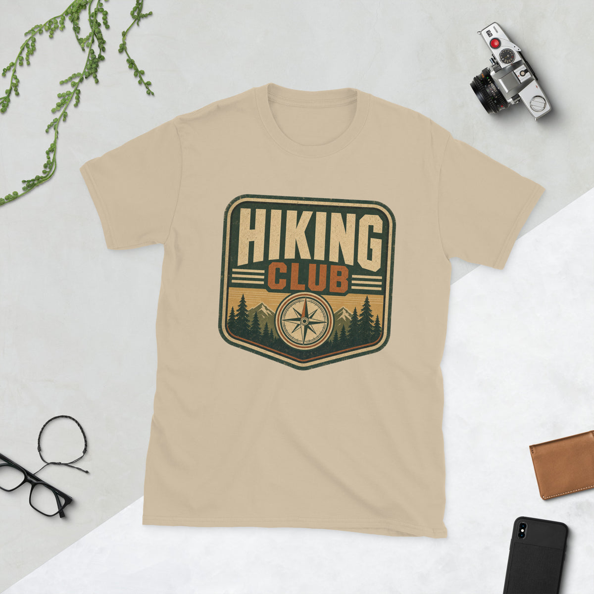 Hiking Retro Adventure T-Shirt AI art design on Sand Gildan 64000 t-shirt - Front view