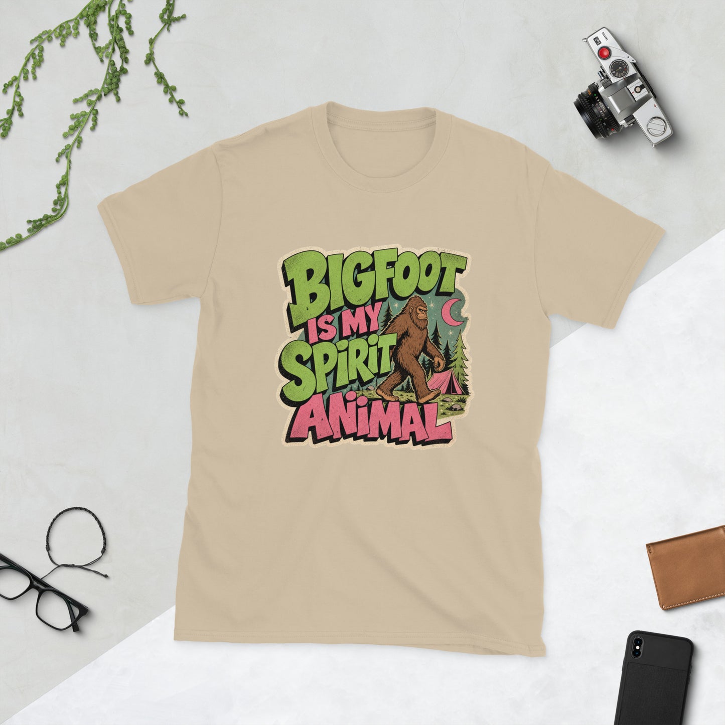 Bigfoot Spirit Animal T-Shirt AI art design on Sand Gildan t-shirt - Front view