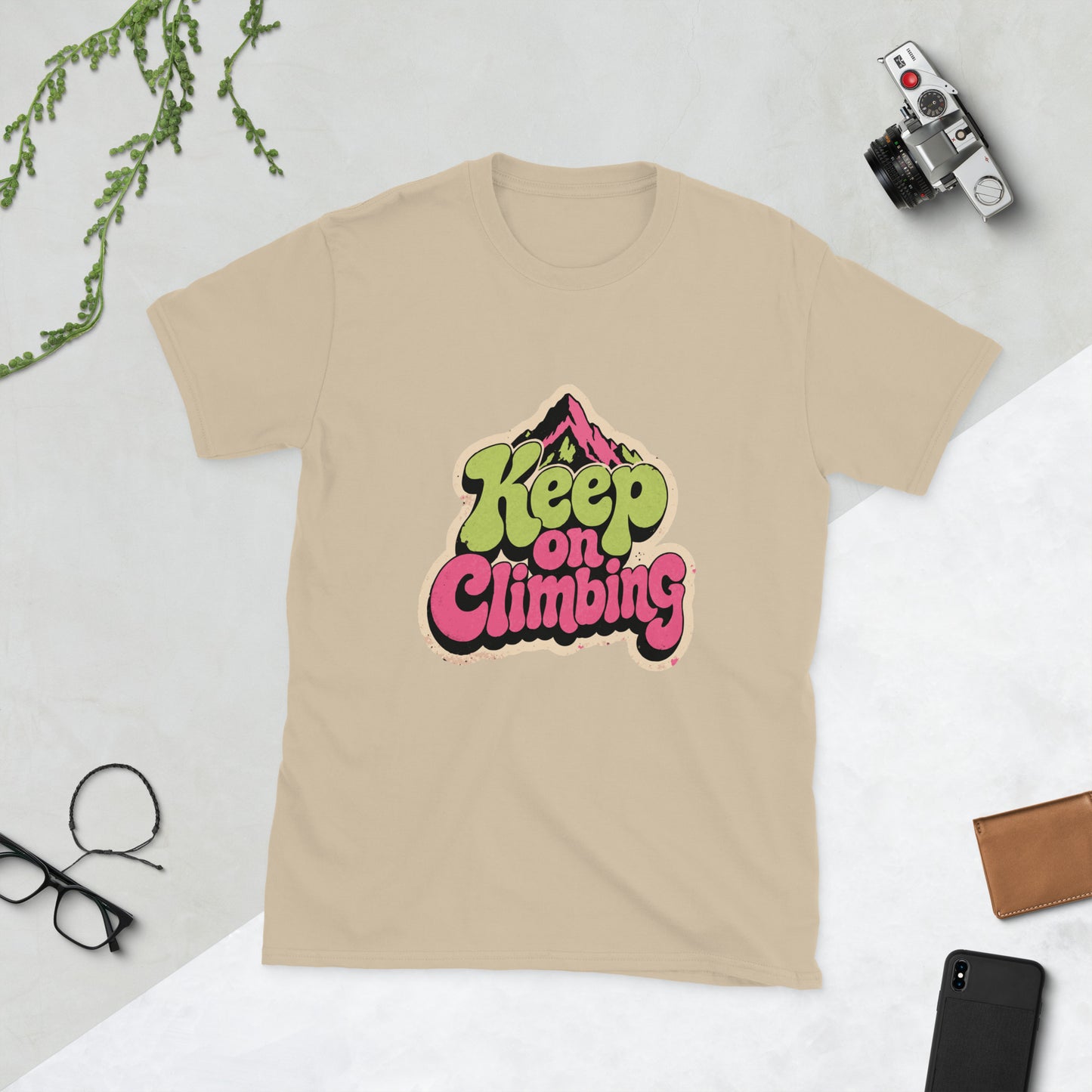 Keep On Climbing T-Shirt AI art design on Sand Gildan t-shirt - Front view