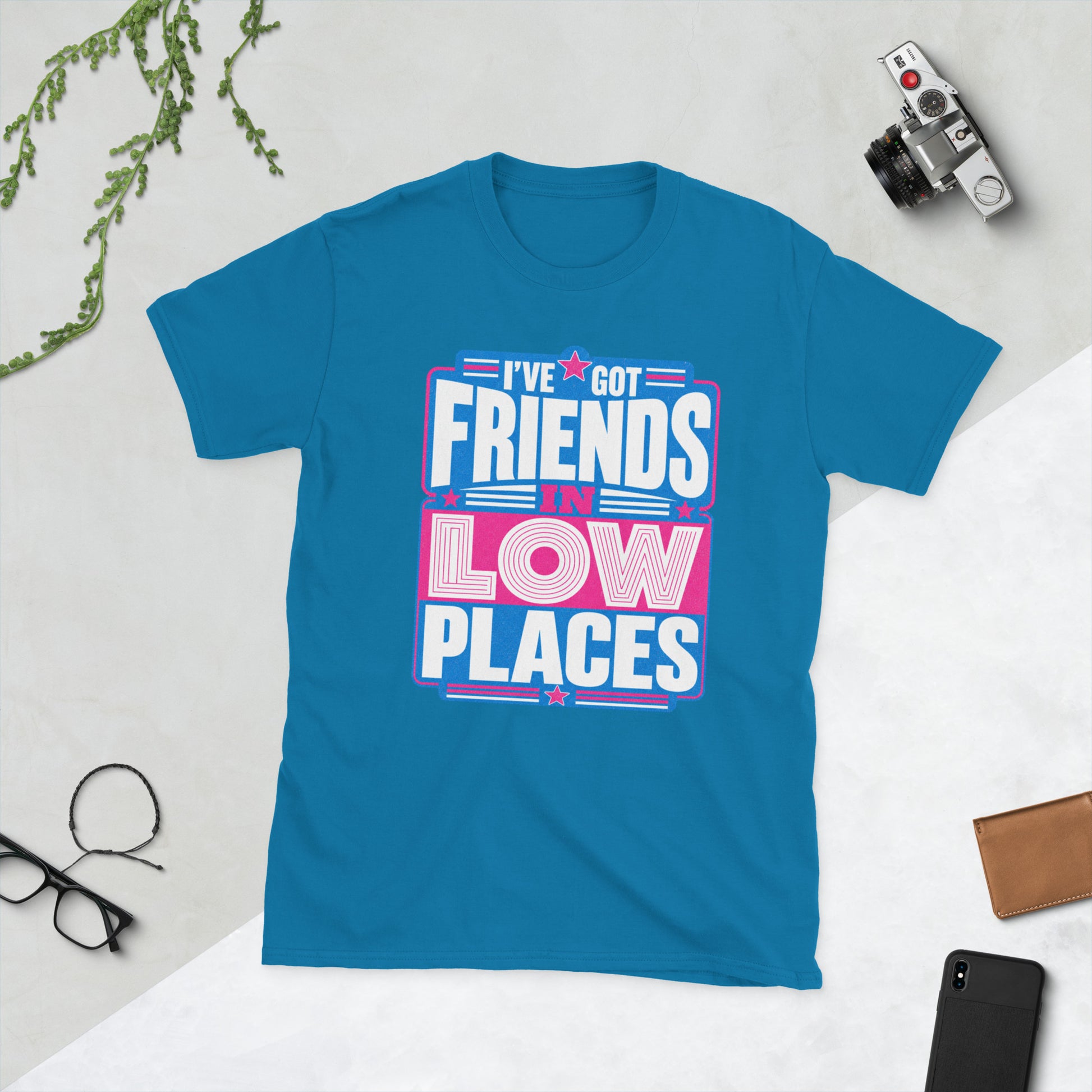 Retro Friends in Low Places AI art design on Black Gildan t-shirt - Front view