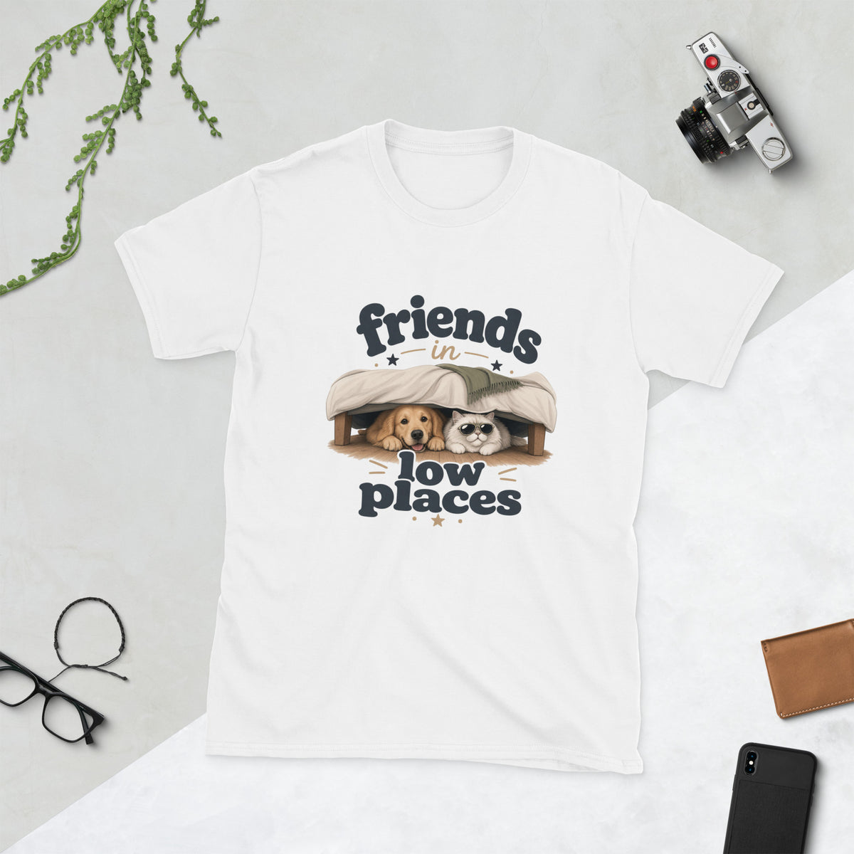 Cat and Dog design on White Gildan 64000 t-shirt