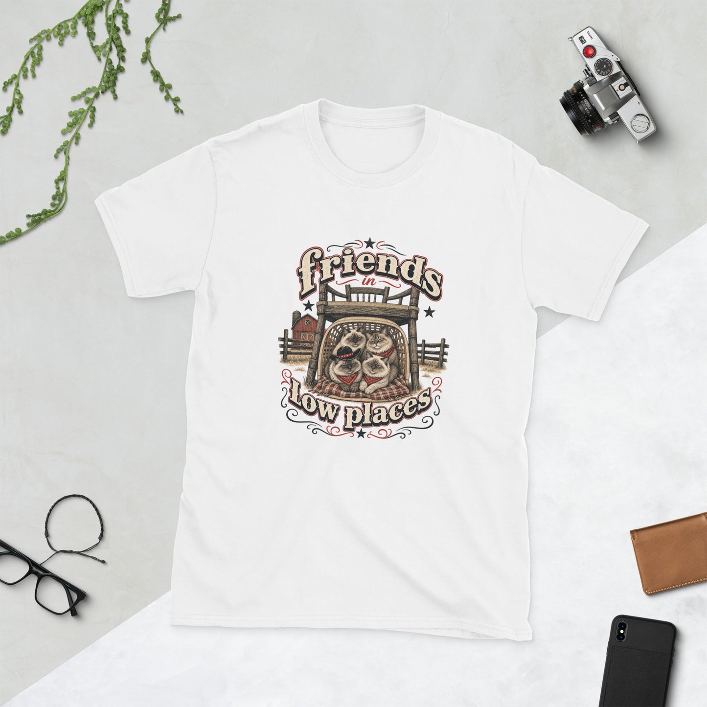 Friends in low places cats AI art design on White Gildan 64000 t-shirt - Front view