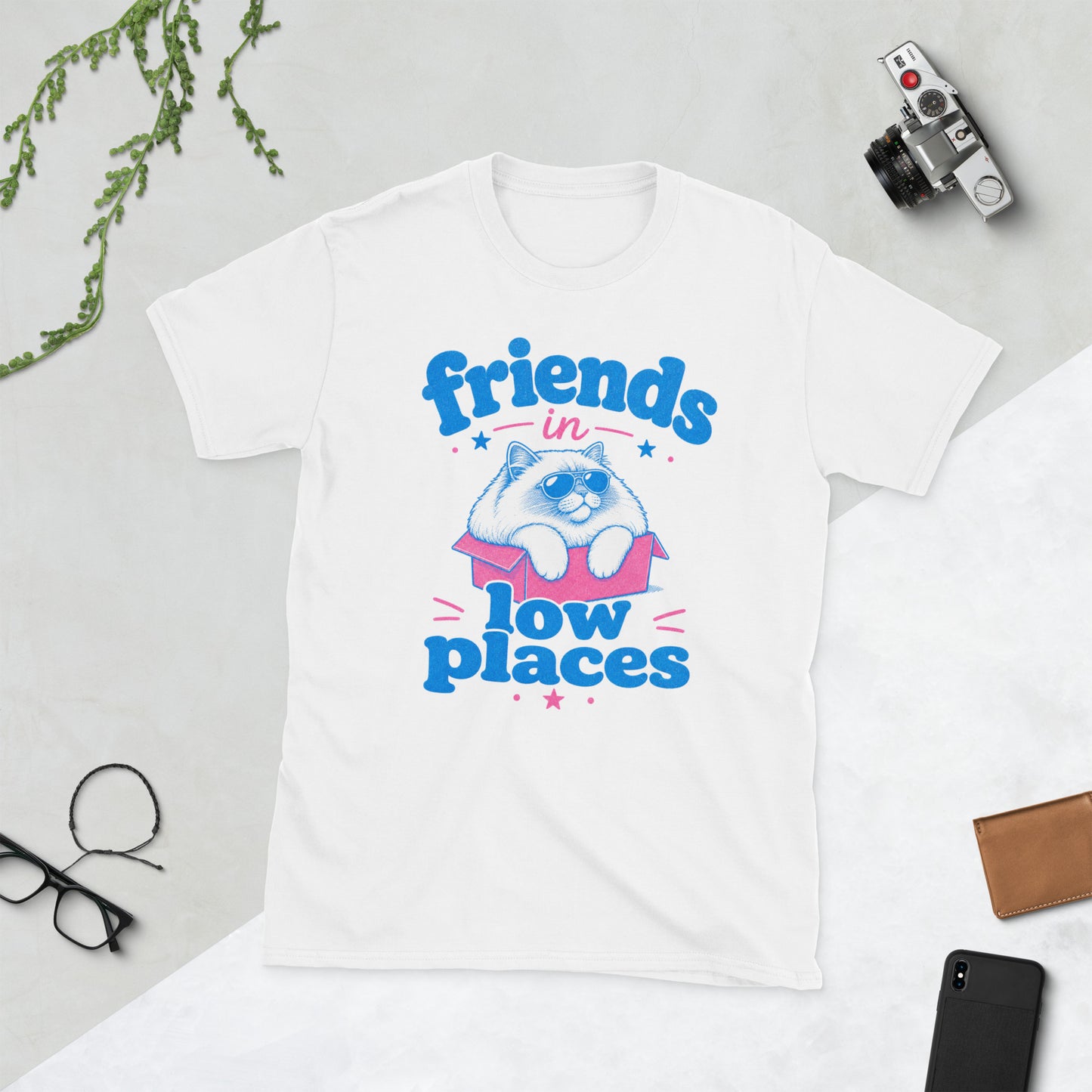 Retro Cat in Low Places AI art design on White Gildan 64000 t-shirt - Front view