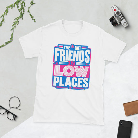 Retro Friends in Low Places AI art design on White Gildan t-shirt - Front view
