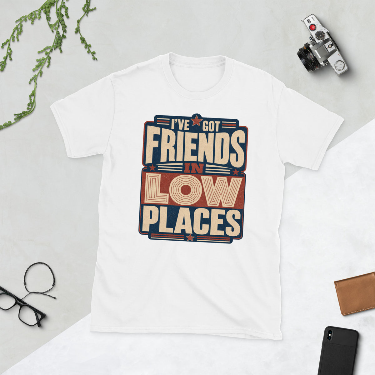 80s Style Friends in Low Places AI art design on White Gildan t-shirt - Front view