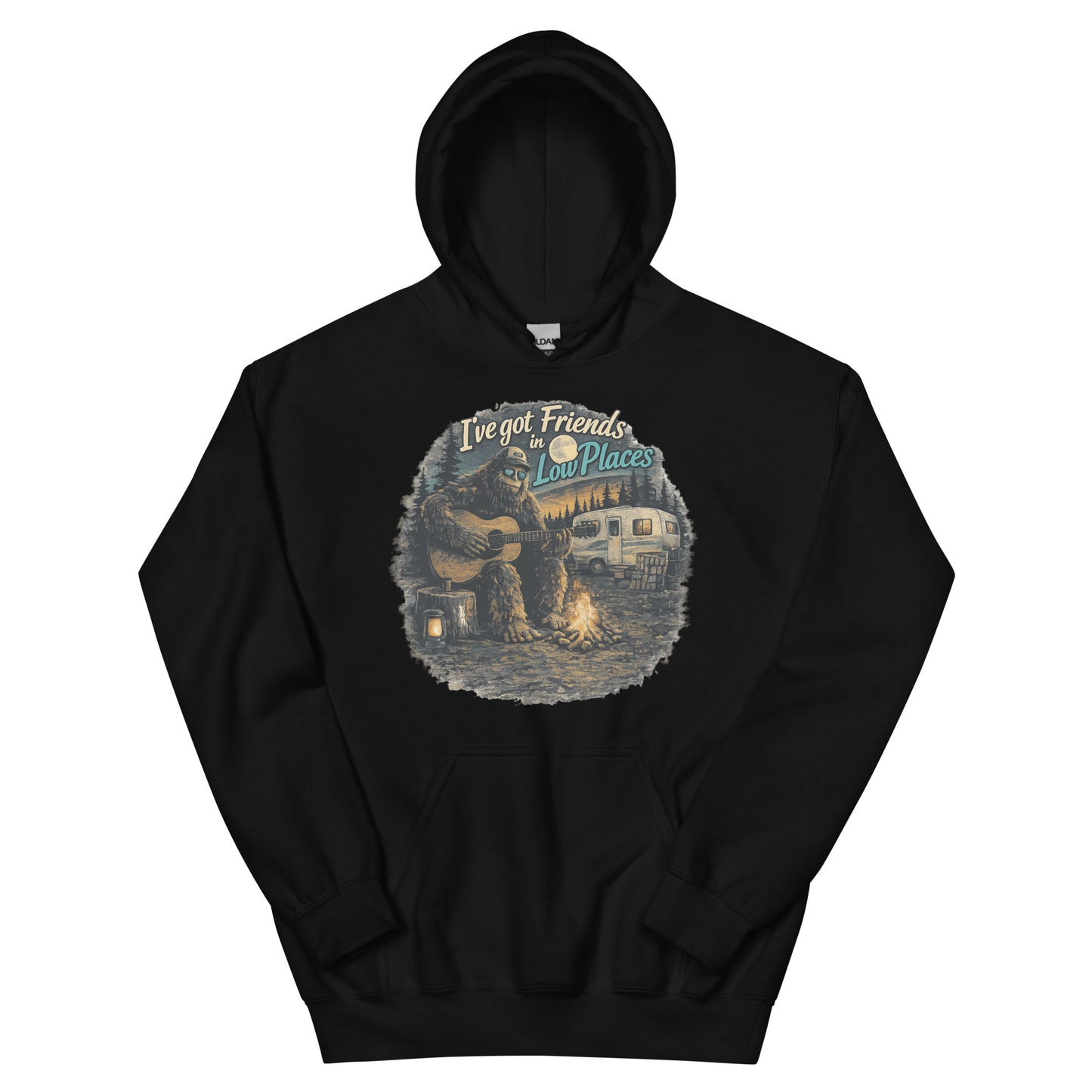 Big Foot Friends in Low Places AI art design on Black Gildan hoodie - Front view