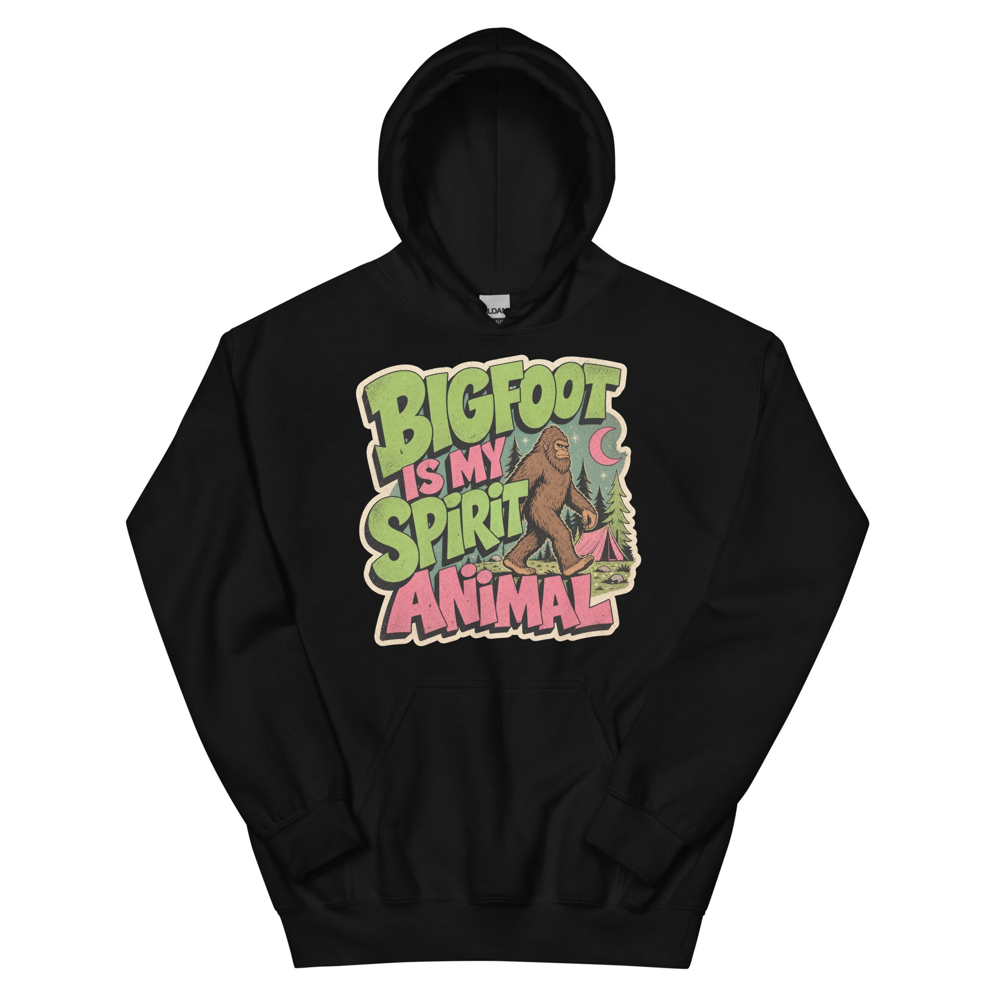 Bigfoot Spirit Animal Hoodie AI art design on Black Gildan hoodie - Front view