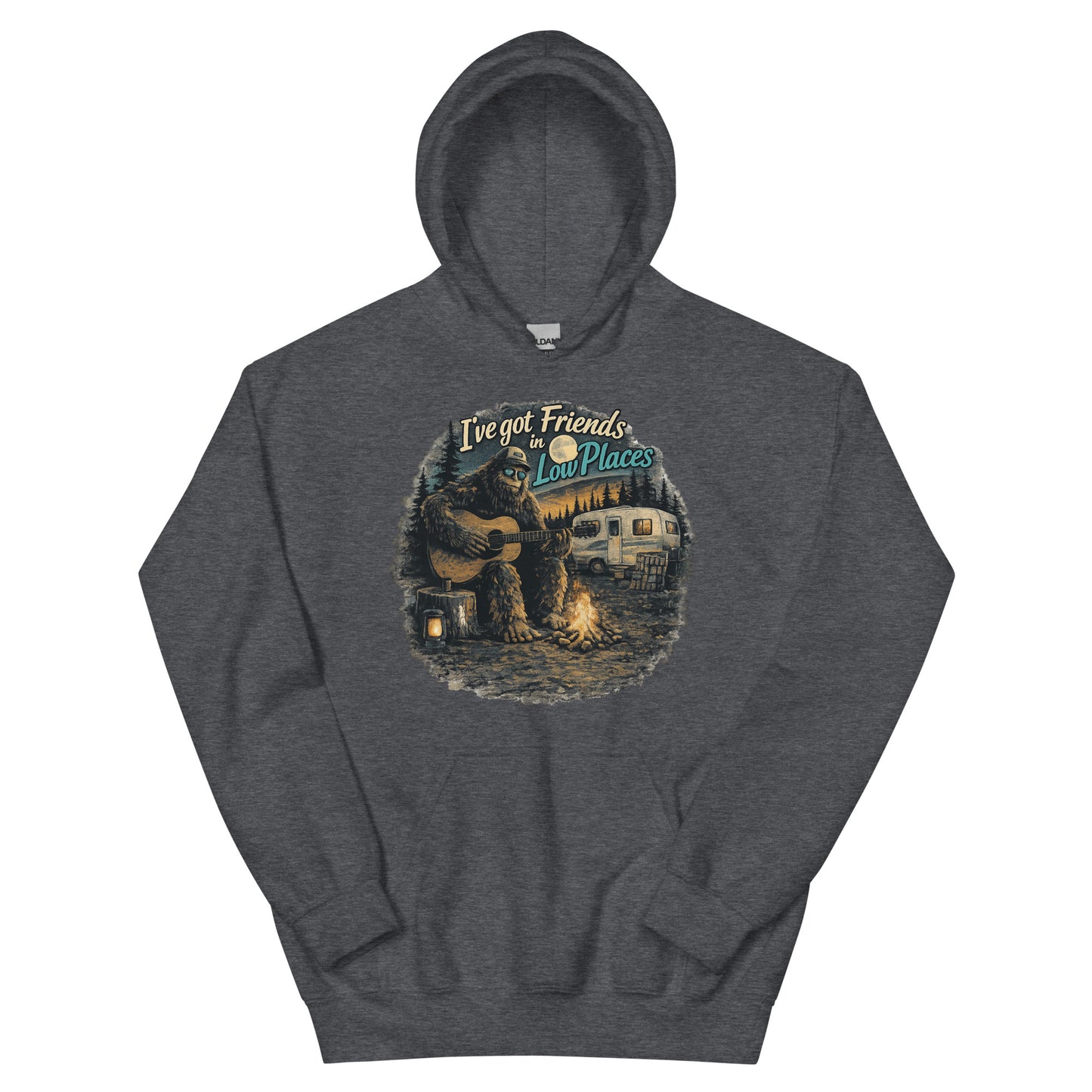 Big Foot Friends in Low Places AI art design on Dark Heather Gildan hoodie - Front view
