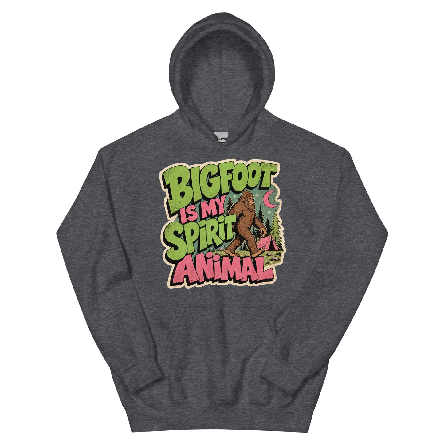 Bigfoot Spirit Animal Hoodie AI art design on Dark Heather Gildan hoodie - Front view