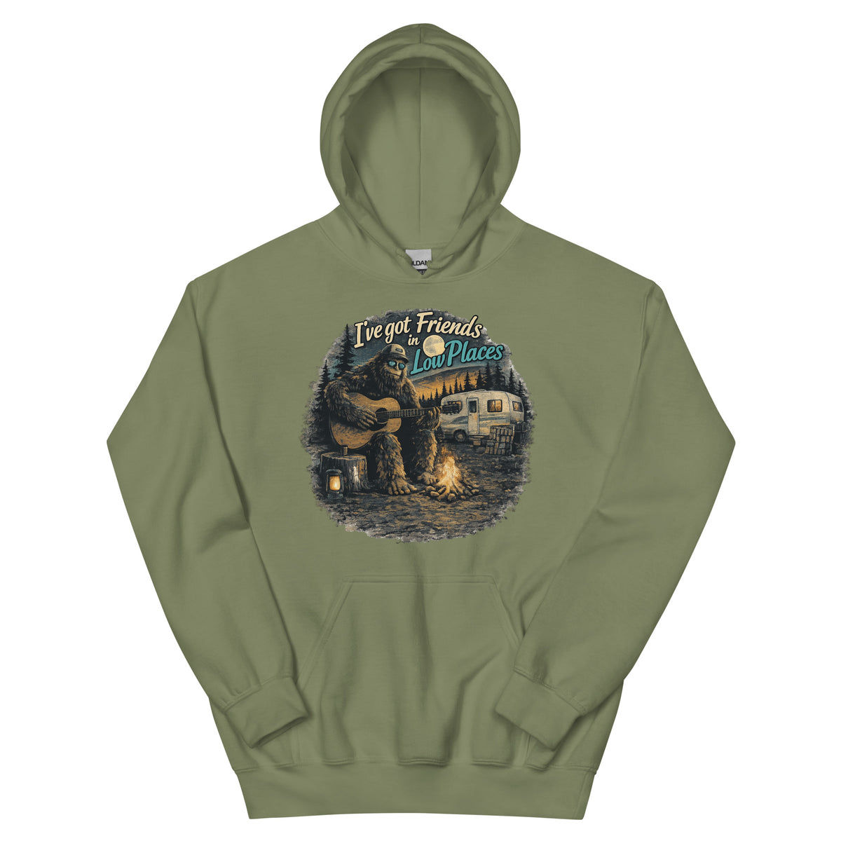 Big Foot Friends in Low Places AI art design on Black Gildan hoodie - Front view