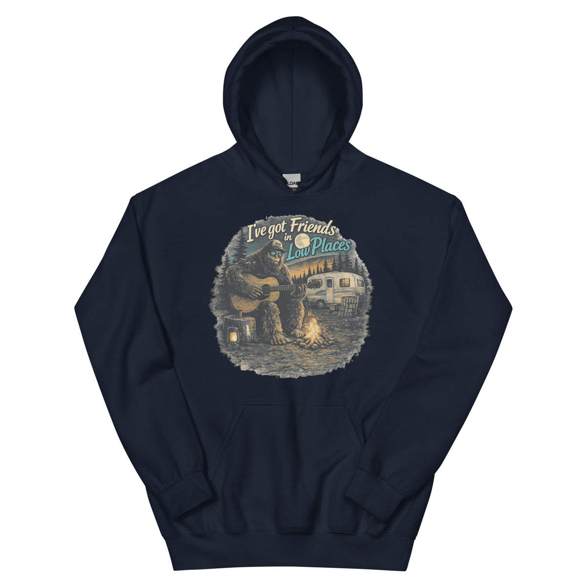 Big Foot Friends in Low Places AI art design on Navy Gildan hoodie - Front view