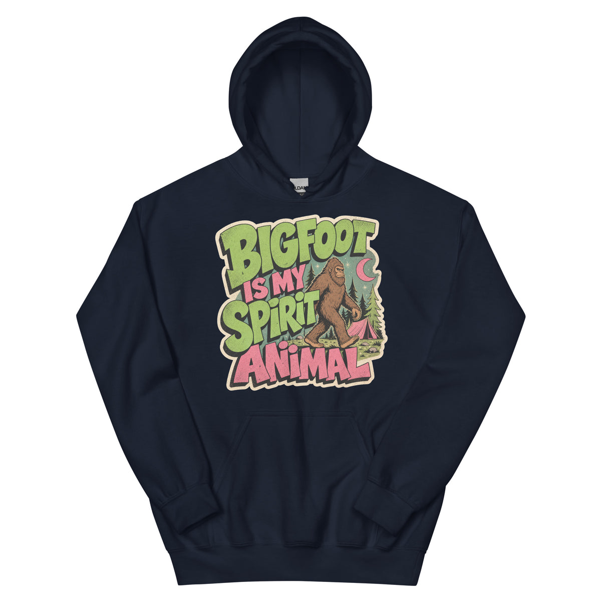 Bigfoot Spirit Animal Hoodie AI art design on Navy Gildan hoodie - Front view