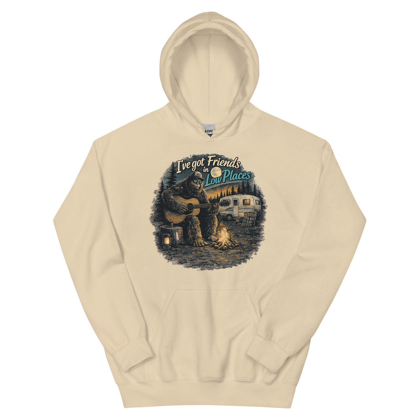 Big Foot Friends in Low Places AI art design on Sand Gildan hoodie - Front view