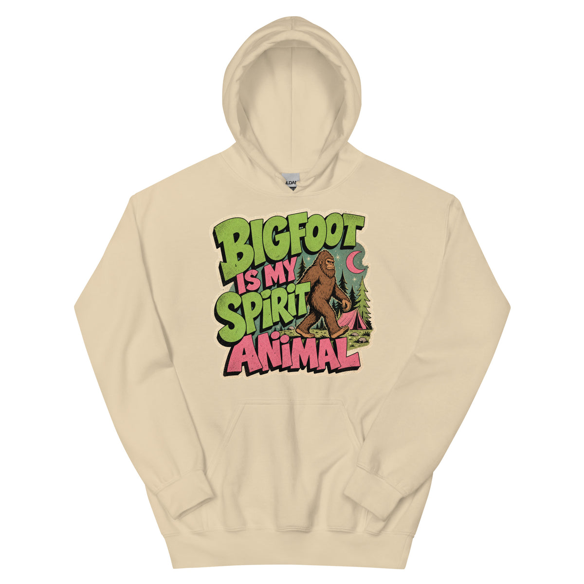 Bigfoot Spirit Animal Hoodie AI art design on Sand Gildan hoodie - Front view