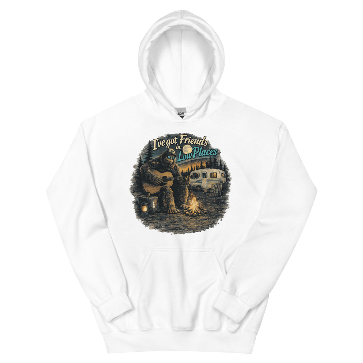 Big Foot Friends in Low Places AI art design on White Gildan hoodie - Front view